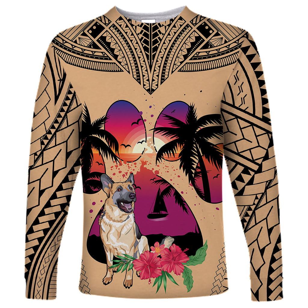 Polynesian Long Sleeve Shirt Dog Lover With German Shepherd - Sunset At The Beach - Wonder Print Shop