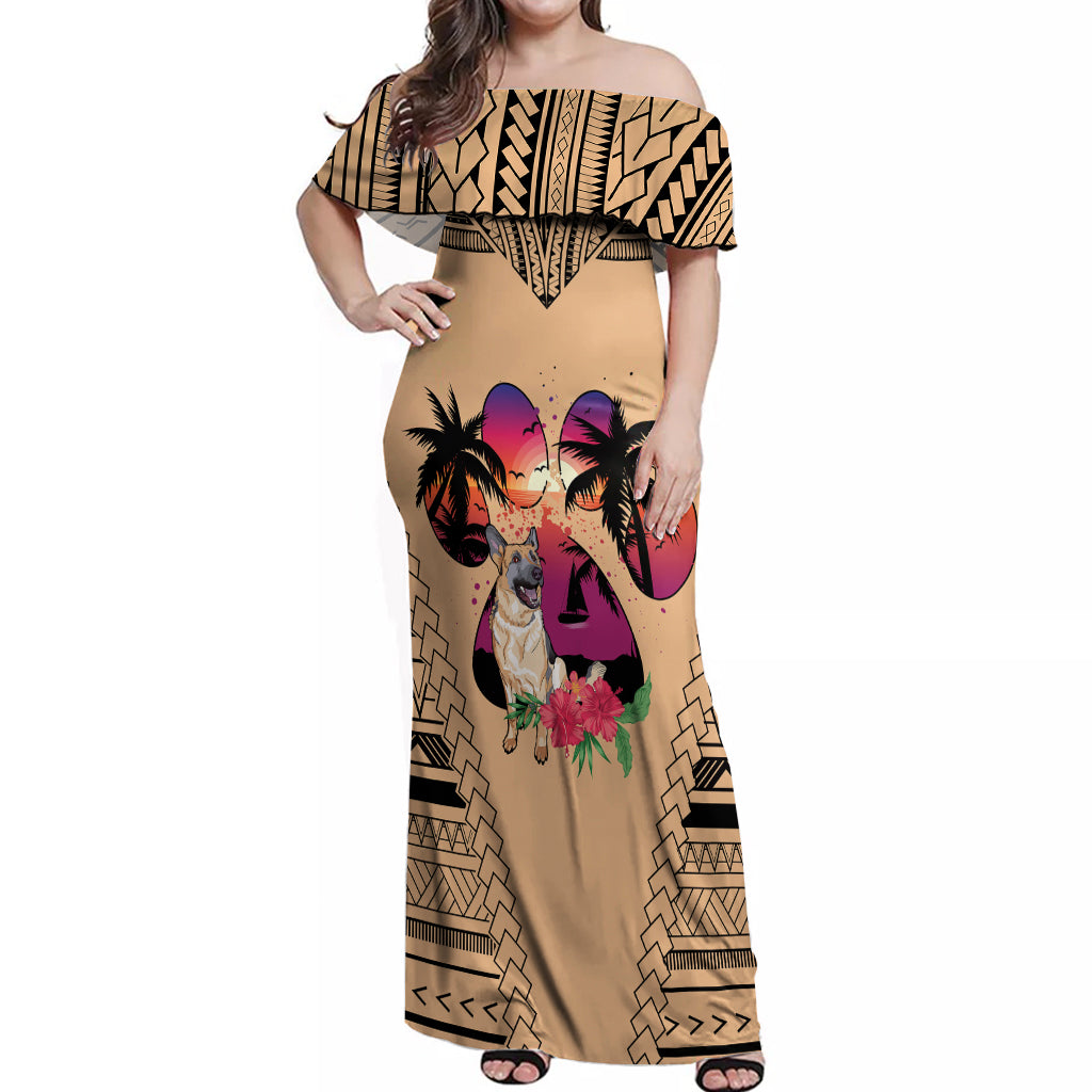 Polynesian Off Shoulder Maxi Dress Dog Lover With German Shepherd - Sunset At The Beach - Wonder Print Shop