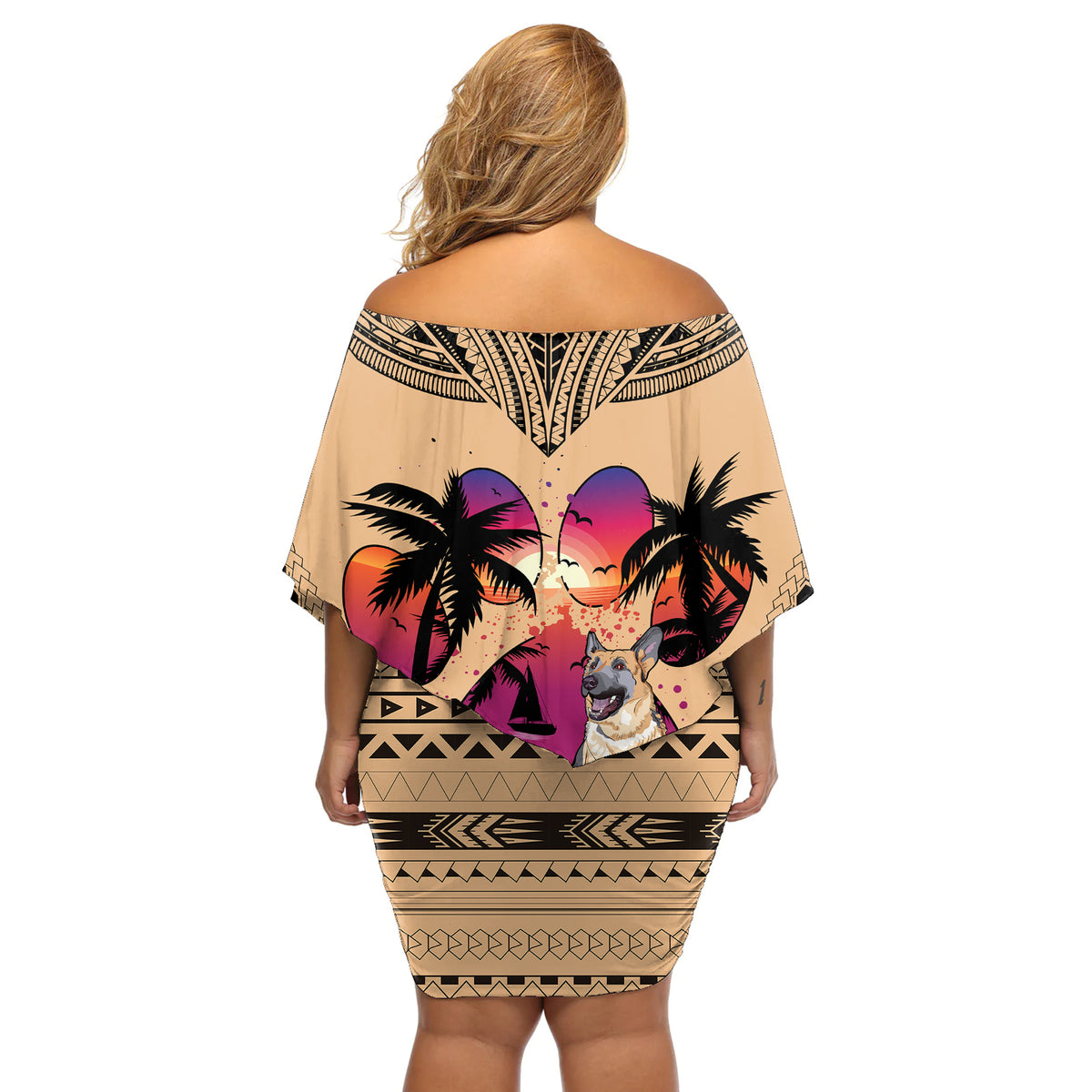 Polynesian Off Shoulder Short Dress Dog Lover With German Shepherd - Sunset At The Beach - Wonder Print Shop