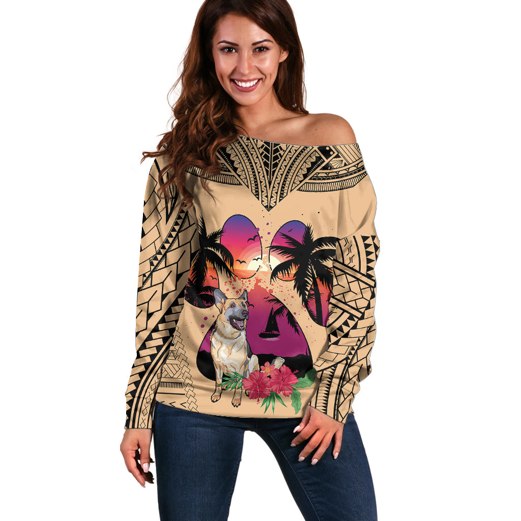 Polynesian Off Shoulder Sweater Dog Lover With German Shepherd - Sunset At The Beach - Wonder Print Shop
