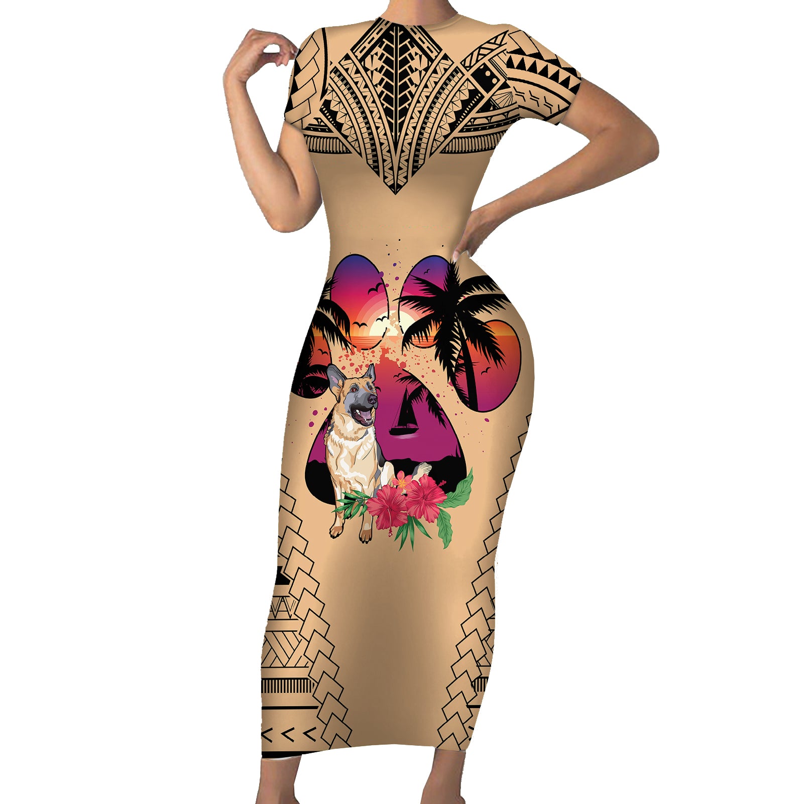 Polynesian Short Sleeve Bodycon Dress Dog Lover With German Shepherd - Sunset At The Beach - Wonder Print Shop