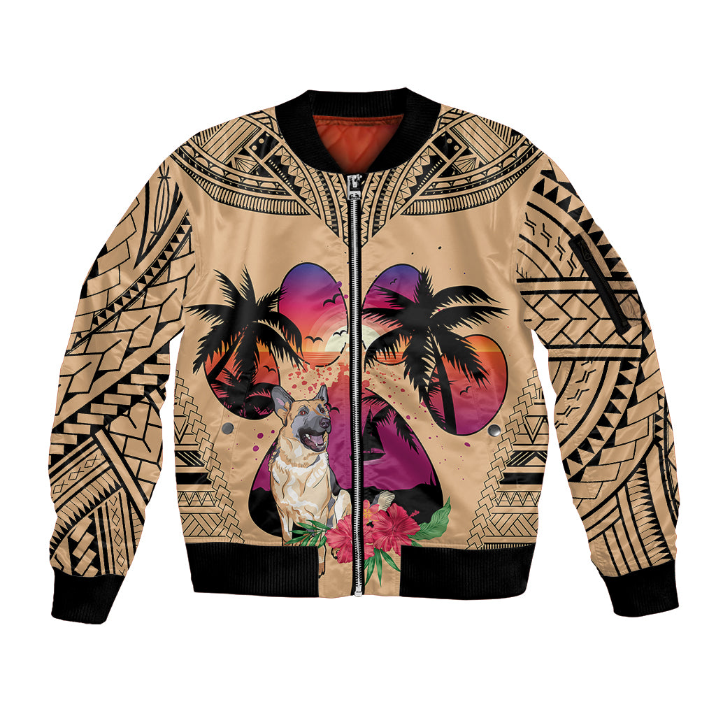 Polynesian Sleeve Zip Bomber Jacket Dog Lover With German Shepherd - Sunset At The Beach - Wonder Print Shop
