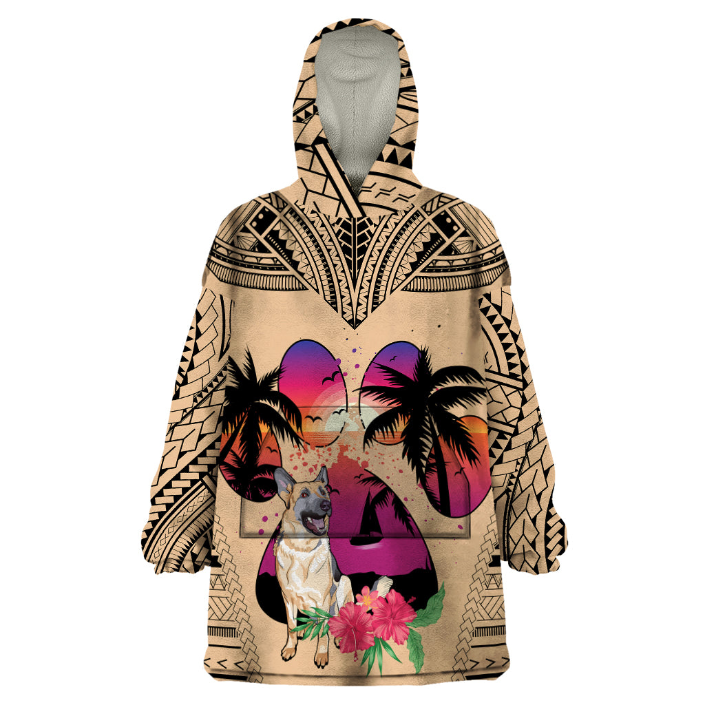 Polynesian Wearable Blanket Hoodie Dog Lover With German Shepherd - Sunset At The Beach - Wonder Print Shop