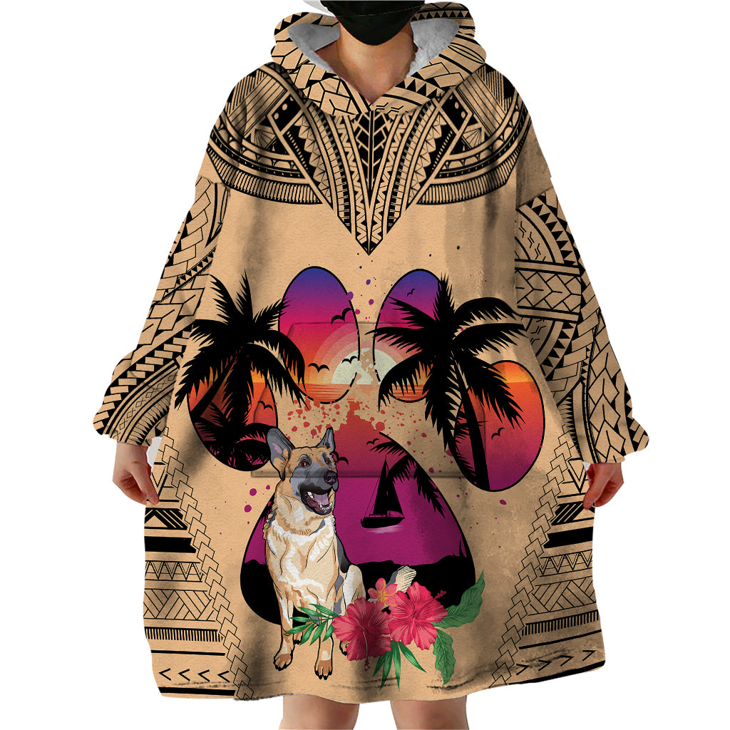 Polynesian Wearable Blanket Hoodie Dog Lover With German Shepherd - Sunset At The Beach - Wonder Print Shop
