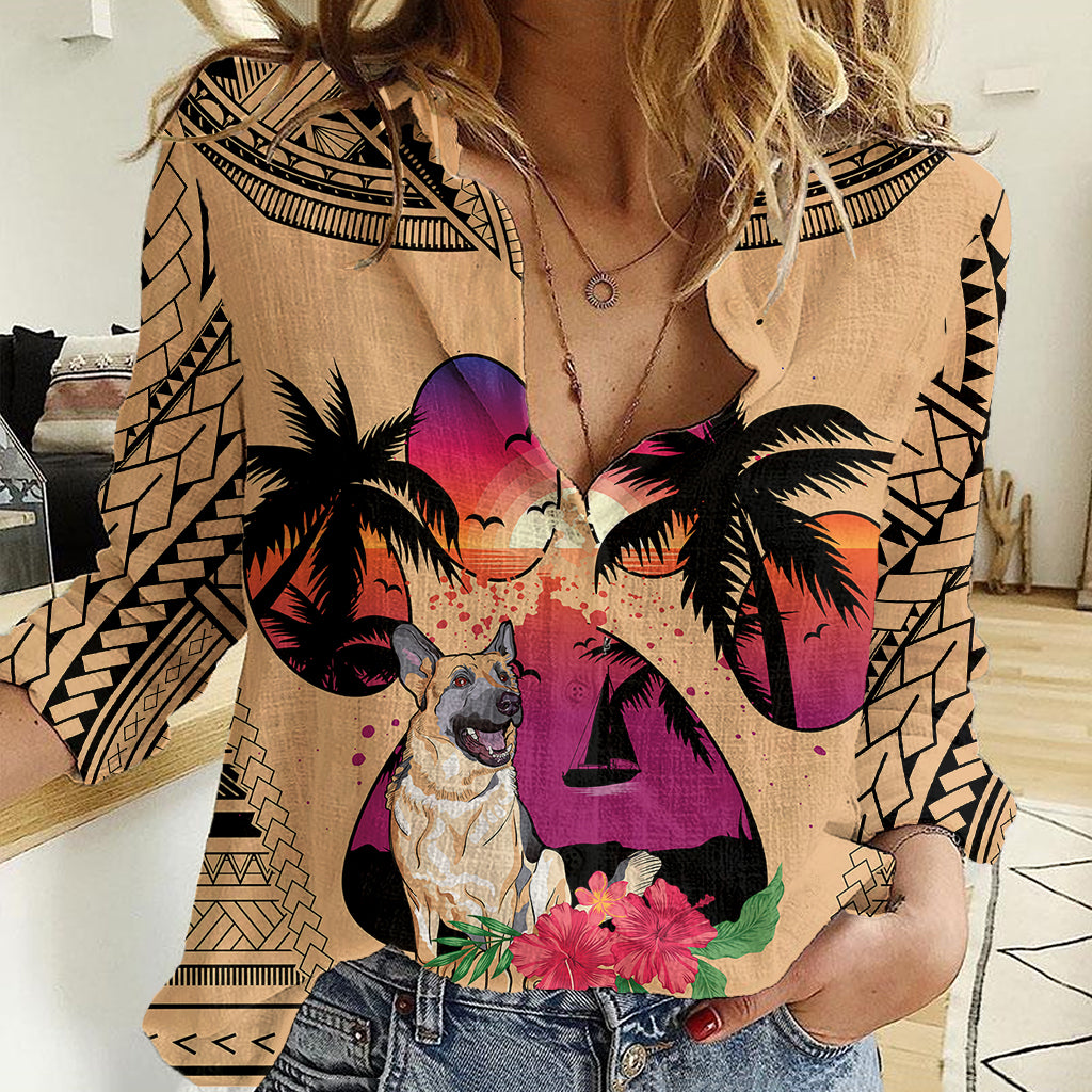 Polynesian Women Casual Shirt Dog Lover With German Shepherd - Sunset At The Beach - Wonder Print Shop