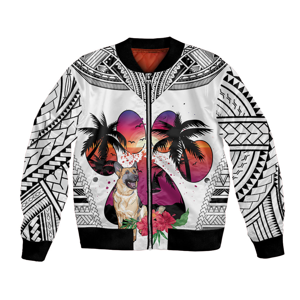 Polynesian Bomber Jacket Dog Lover With German Shepherd - Sunset At The Beach White Ver LT7 - Wonder Print Shop