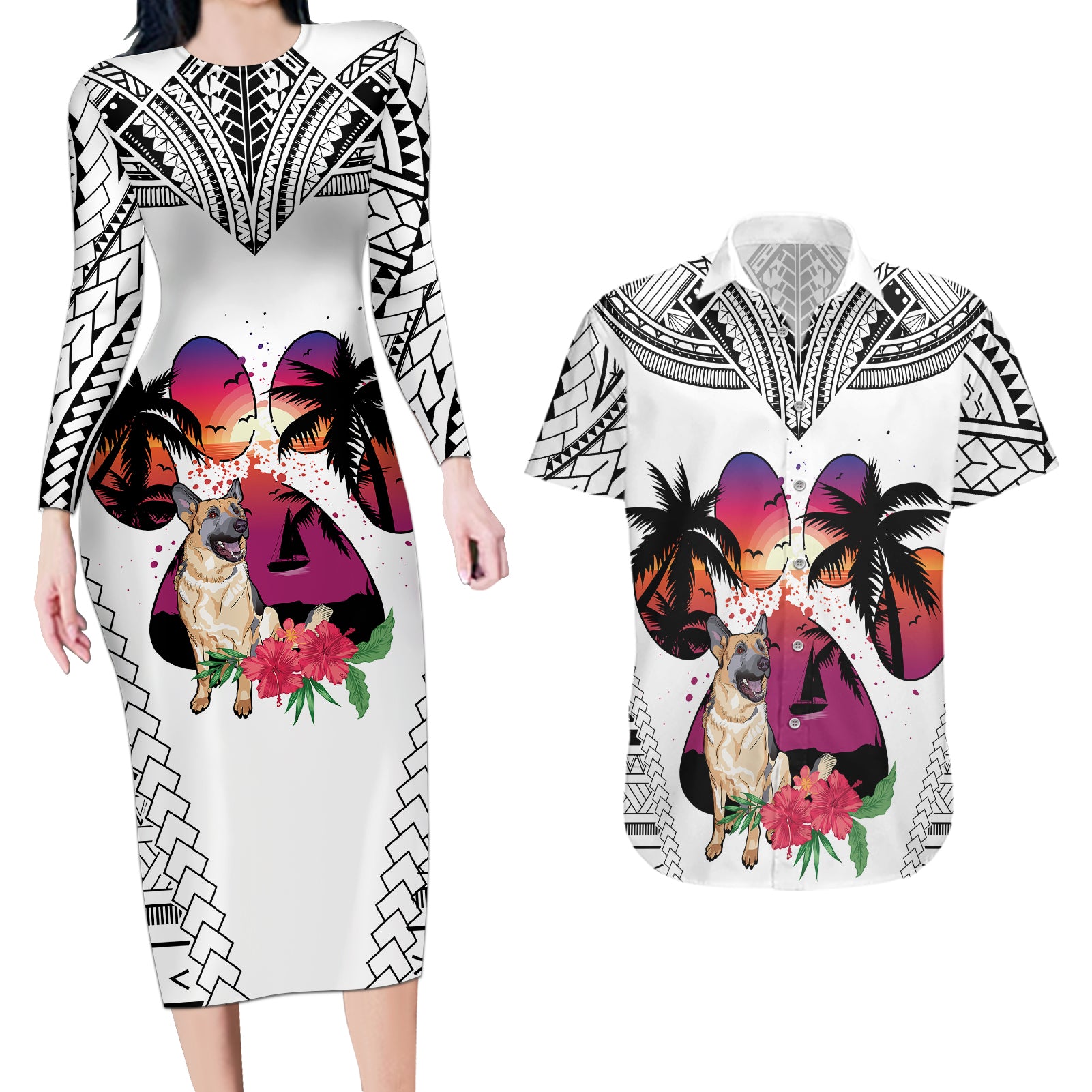 Polynesian Couples Matching Long Sleeve Bodycon Dress and Hawaiian Shirt Dog Lover With German Shepherd - Sunset At The Beach White Ver LT7 - Wonder Print Shop