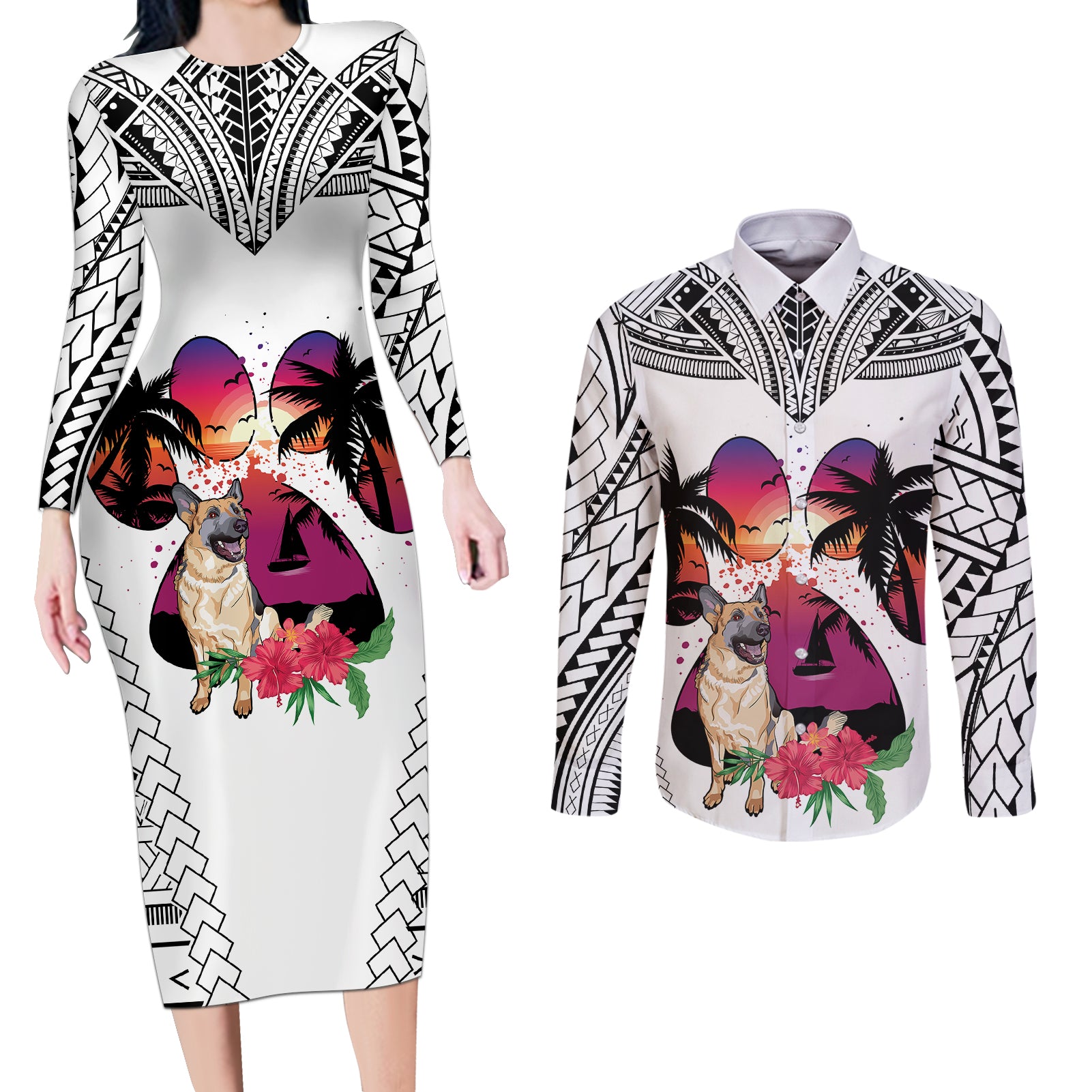 Polynesian Couples Matching Long Sleeve Bodycon Dress and Long Sleeve Button Shirts Dog Lover With German Shepherd - Sunset At The Beach White Ver LT7 - Wonder Print Shop