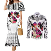 polynesian-couples-matching-mermaid-dress-and-long-sleeve-button-shirts-dog-lover-with-german-shepherd-sunset-at-the-beach-white-ver