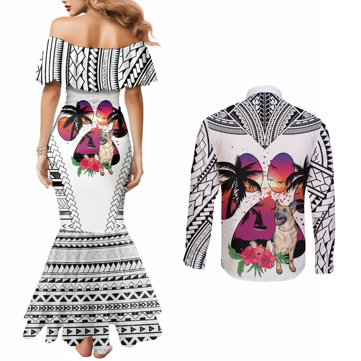 polynesian-couples-matching-mermaid-dress-and-long-sleeve-button-shirts-dog-lover-with-german-shepherd-sunset-at-the-beach-white-ver