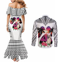 polynesian-couples-matching-mermaid-dress-and-long-sleeve-button-shirts-dog-lover-with-german-shepherd-sunset-at-the-beach-white-ver