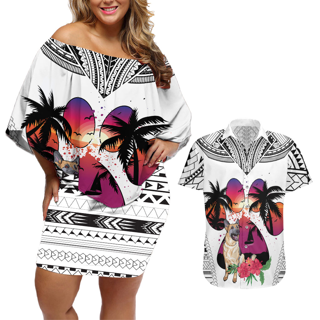 Polynesian Couples Matching Off Shoulder Short Dress and Hawaiian Shirt Dog Lover With German Shepherd - Sunset At The Beach White Ver LT7 - Wonder Print Shop