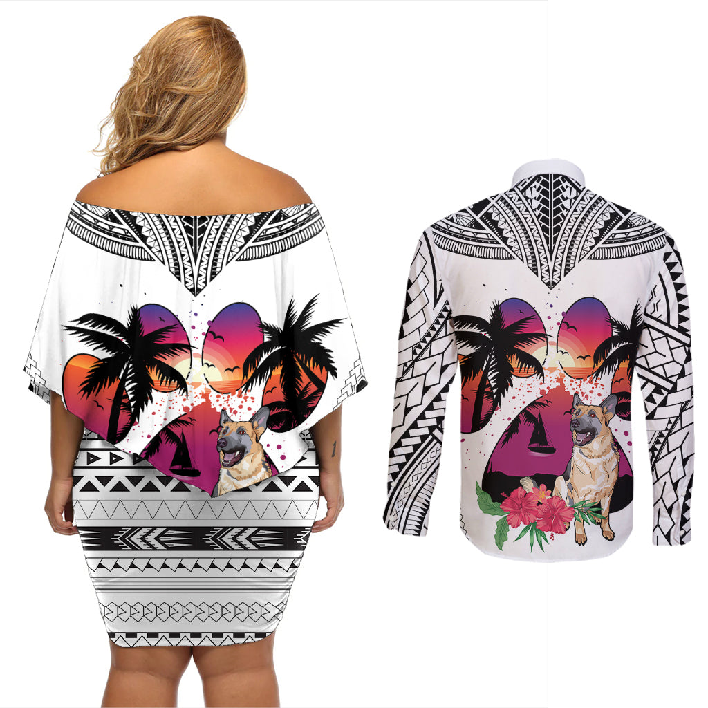 Polynesian Couples Matching Off Shoulder Short Dress and Long Sleeve Button Shirts Dog Lover With German Shepherd - Sunset At The Beach White Ver LT7 - Wonder Print Shop