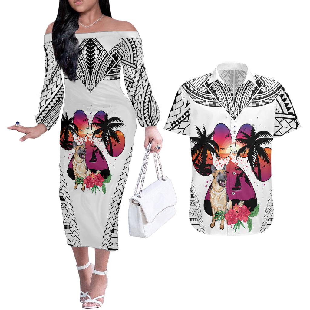 Polynesian Couples Matching Off The Shoulder Long Sleeve Dress and Hawaiian Shirt Dog Lover With German Shepherd - Sunset At The Beach White Ver LT7 - Wonder Print Shop
