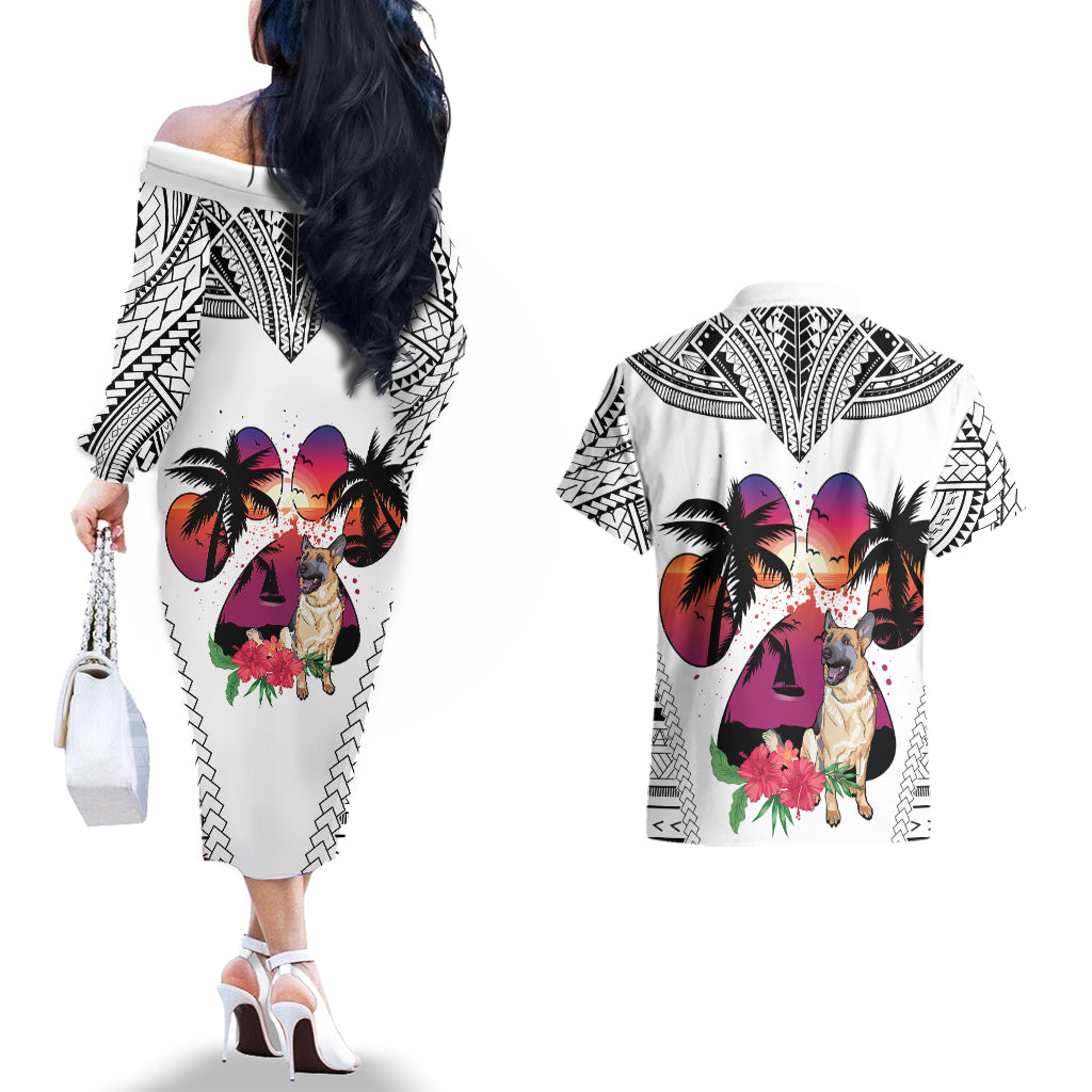 Polynesian Couples Matching Off The Shoulder Long Sleeve Dress and Hawaiian Shirt Dog Lover With German Shepherd - Sunset At The Beach White Ver LT7 - Wonder Print Shop