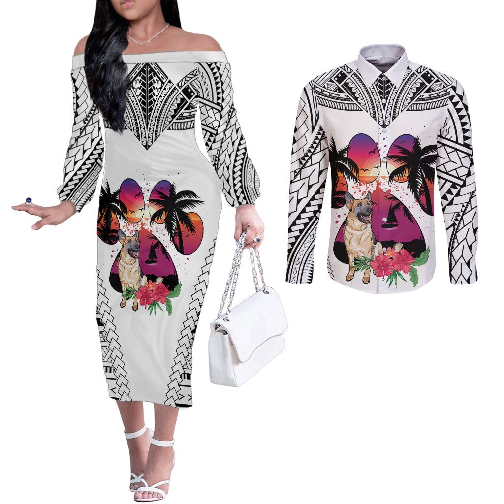 polynesian-couples-matching-off-the-shoulder-long-sleeve-dress-and-long-sleeve-button-shirts-dog-lover-with-german-shepherd-sunset-at-the-beach-white-ver