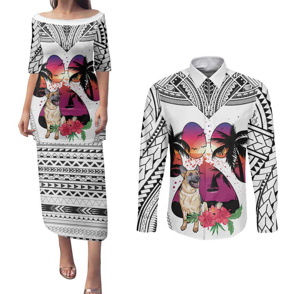 Polynesian Couples Matching Puletasi Dress and Long Sleeve Button Shirts Dog Lover With German Shepherd - Sunset At The Beach White Ver LT7 - Wonder Print Shop