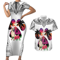 Polynesian Couples Matching Short Sleeve Bodycon Dress and Hawaiian Shirt Dog Lover With German Shepherd - Sunset At The Beach White Ver LT7 - Wonder Print Shop