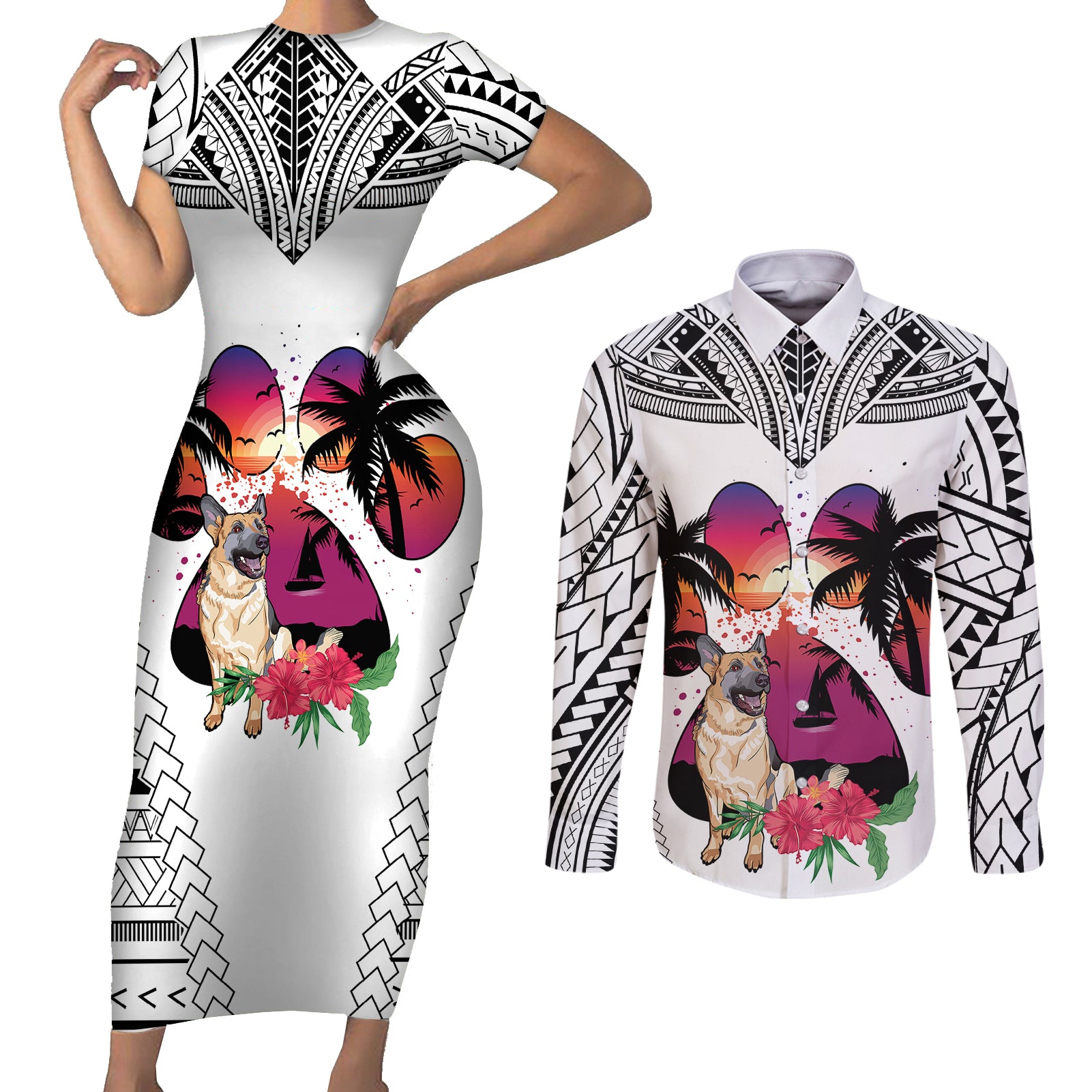 Polynesian Couples Matching Short Sleeve Bodycon Dress and Long Sleeve Button Shirts Dog Lover With German Shepherd - Sunset At The Beach White Ver LT7 - Wonder Print Shop