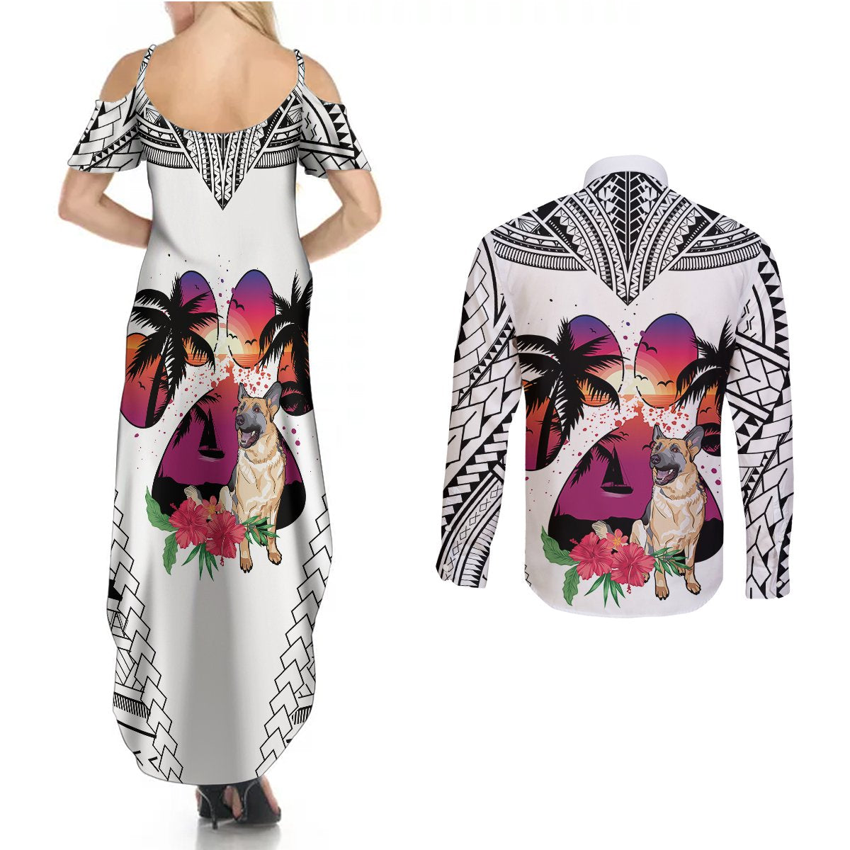 Polynesian Couples Matching Summer Maxi Dress and Long Sleeve Button Shirts Dog Lover With German Shepherd - Sunset At The Beach White Ver LT7 - Wonder Print Shop
