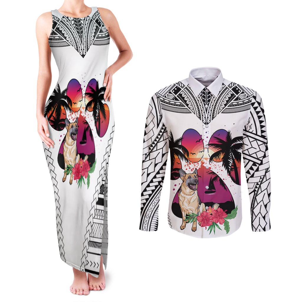 Polynesian Couples Matching Tank Maxi Dress and Long Sleeve Button Shirts Dog Lover With German Shepherd - Sunset At The Beach White Ver LT7 - Wonder Print Shop