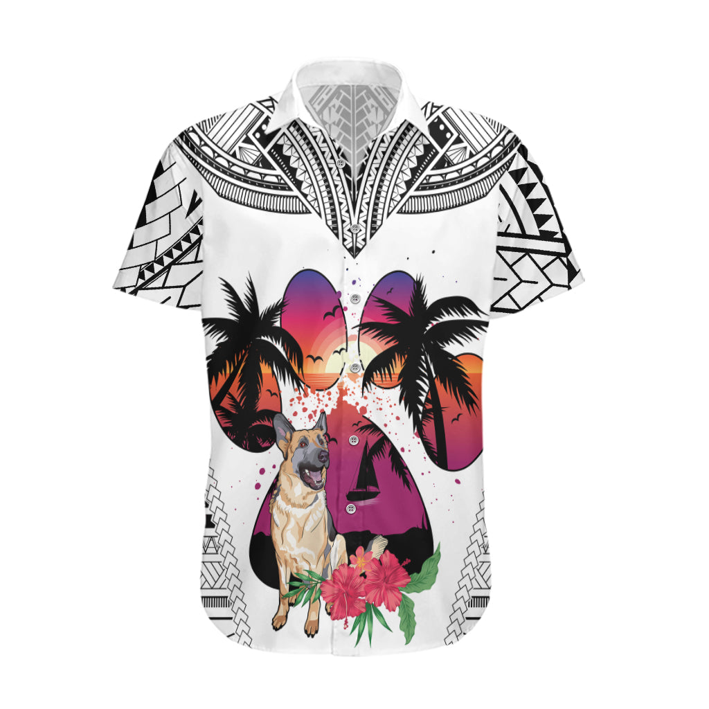 Polynesian Hawaiian Shirt Dog Lover With German Shepherd - Sunset At The Beach White Ver - Wonder Print Shop