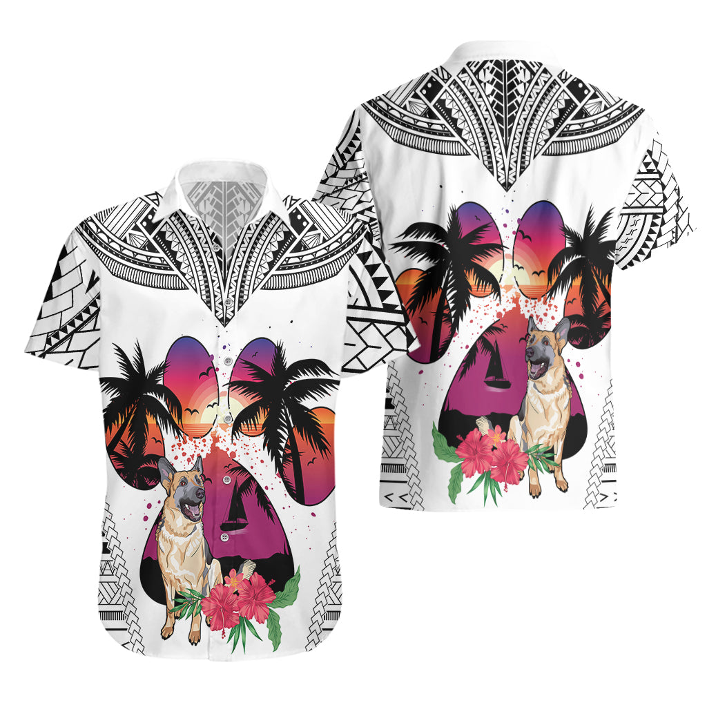 Polynesian Hawaiian Shirt Dog Lover With German Shepherd - Sunset At The Beach White Ver - Wonder Print Shop