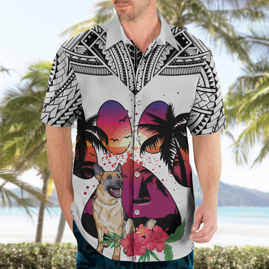 Polynesian Hawaiian Shirt Dog Lover With German Shepherd - Sunset At The Beach White Ver - Wonder Print Shop