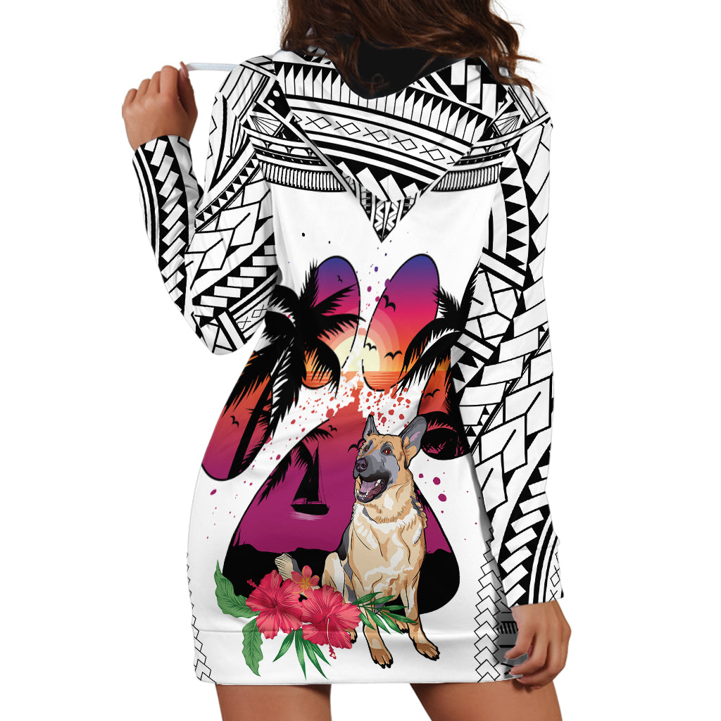 Polynesian Hoodie Dress Dog Lover With German Shepherd - Sunset At The Beach White Ver - Wonder Print Shop