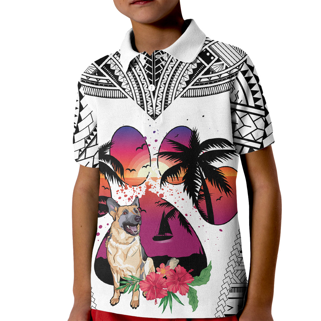 Polynesian Kid Polo Shirt Dog Lover With German Shepherd - Sunset At The Beach White Ver - Wonder Print Shop