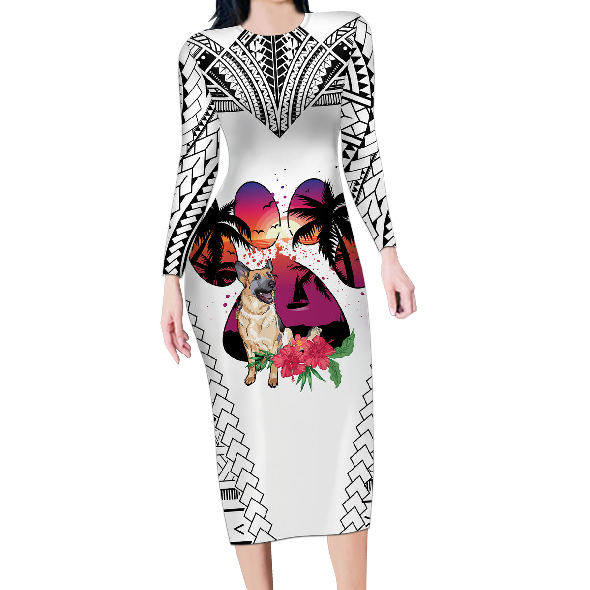 Polynesian Long Sleeve Bodycon Dress Dog Lover With German Shepherd - Sunset At The Beach White Ver - Wonder Print Shop
