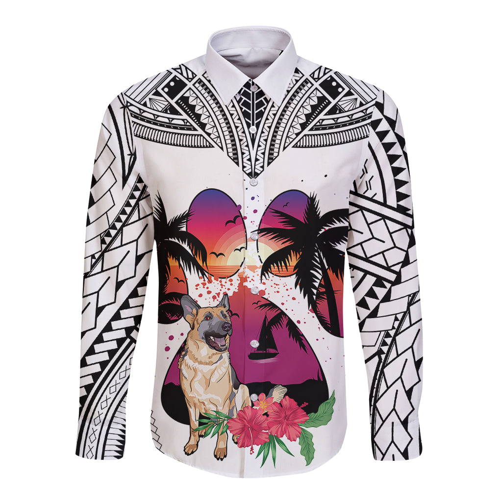 Polynesian Long Sleeve Button Shirt Dog Lover With German Shepherd - Sunset At The Beach White Ver - Wonder Print Shop
