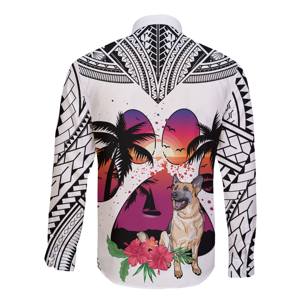 Polynesian Long Sleeve Button Shirt Dog Lover With German Shepherd - Sunset At The Beach White Ver - Wonder Print Shop
