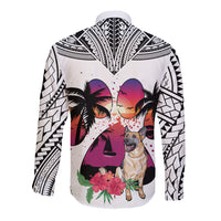 Polynesian Long Sleeve Button Shirt Dog Lover With German Shepherd - Sunset At The Beach White Ver - Wonder Print Shop