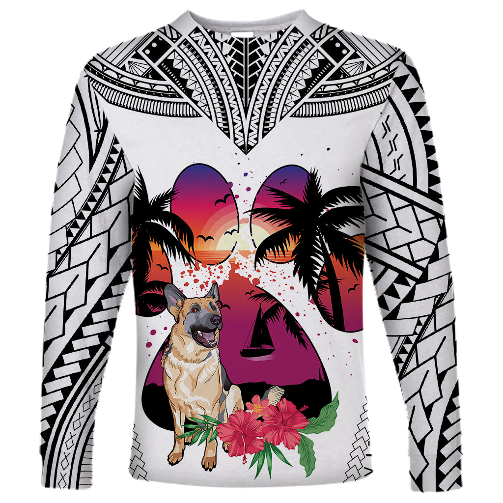 Polynesian Long Sleeve Shirt Dog Lover With German Shepherd - Sunset At The Beach White Ver - Wonder Print Shop
