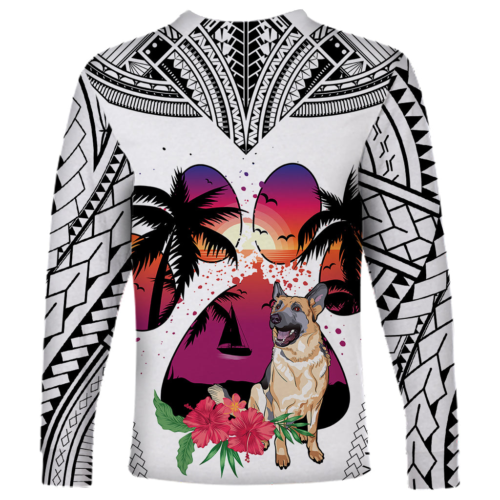 Polynesian Long Sleeve Shirt Dog Lover With German Shepherd - Sunset At The Beach White Ver - Wonder Print Shop