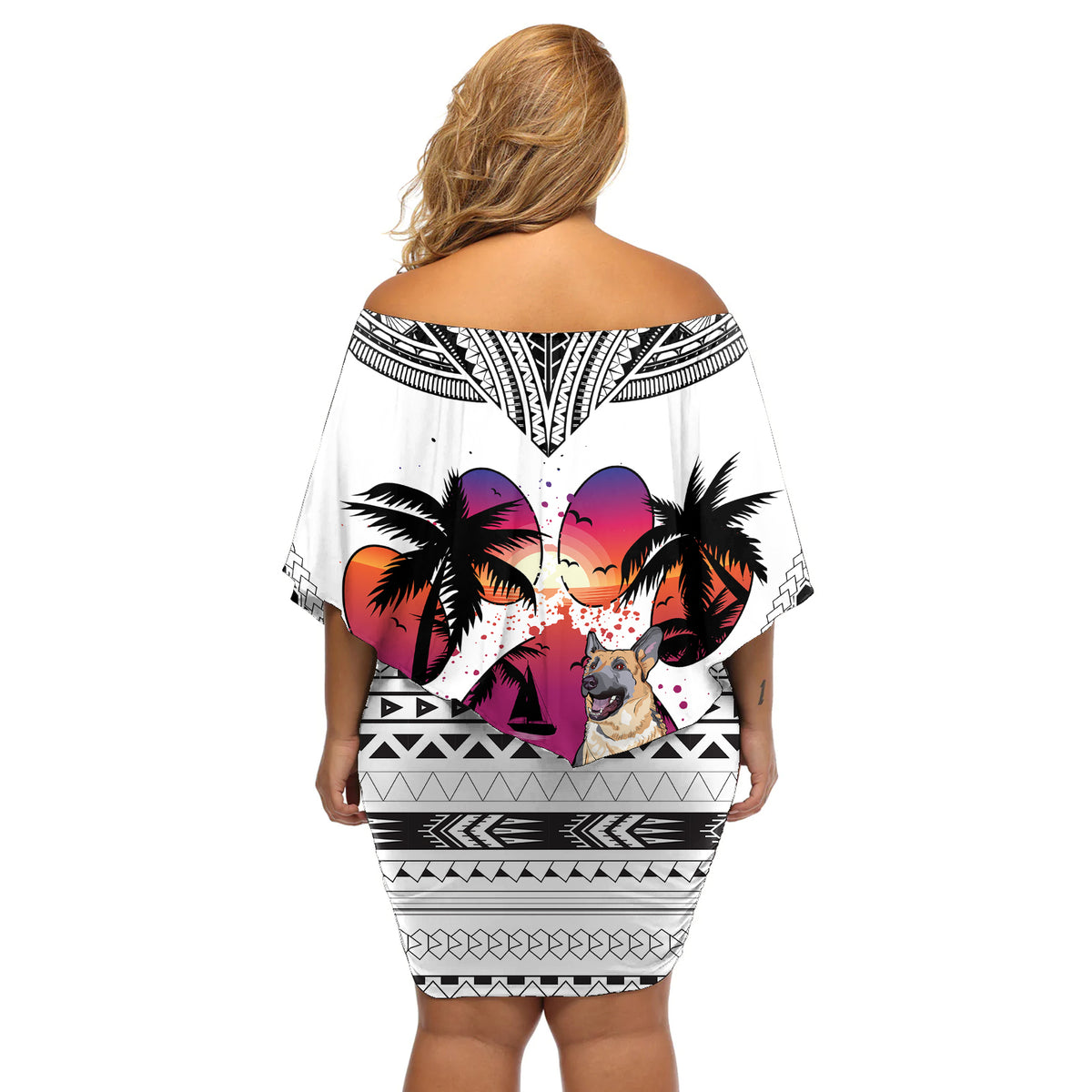 Polynesian Off Shoulder Short Dress Dog Lover With German Shepherd - Sunset At The Beach White Ver - Wonder Print Shop