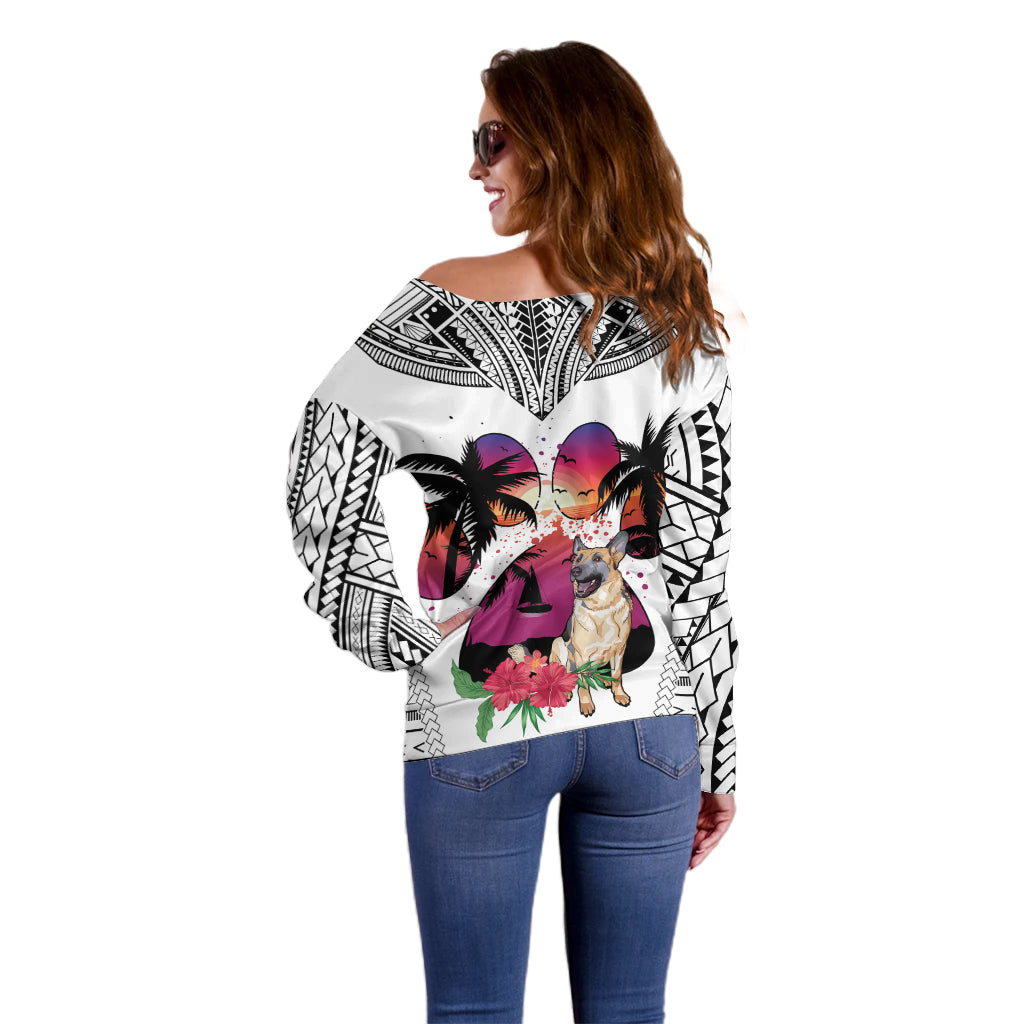 Polynesian Off Shoulder Sweater Dog Lover With German Shepherd - Sunset At The Beach White Ver - Wonder Print Shop