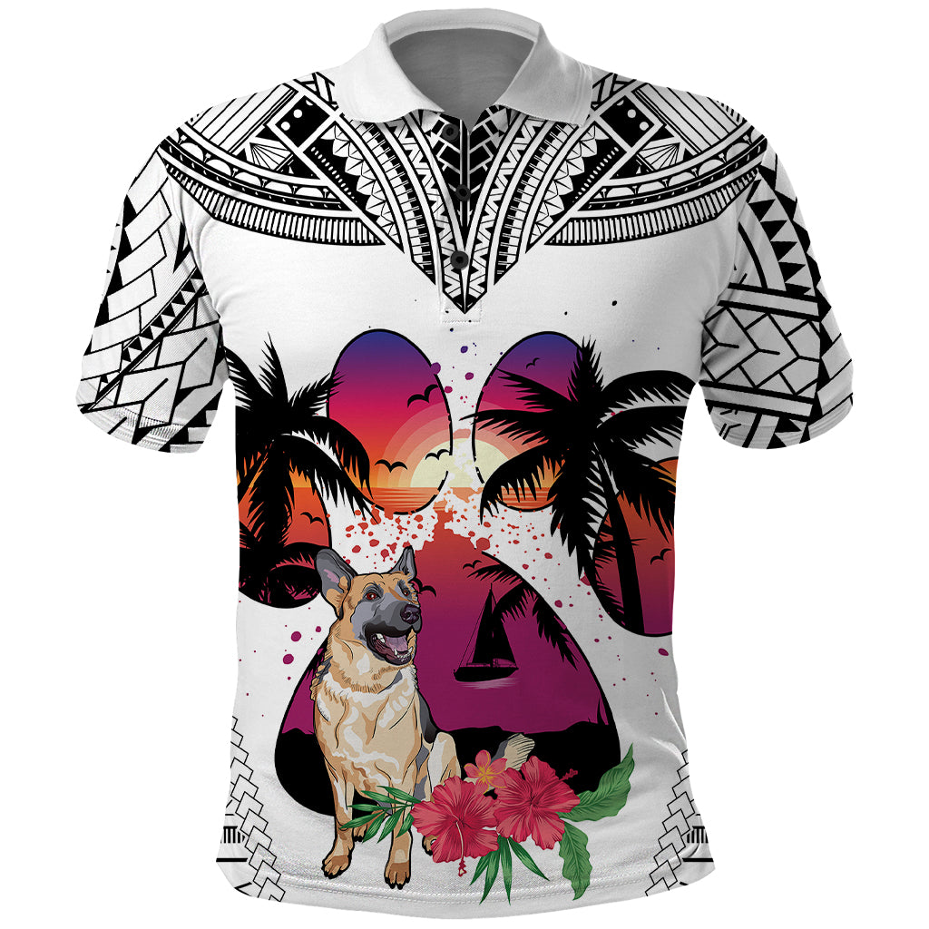 Polynesian Polo Shirt Dog Lover With German Shepherd - Sunset At The Beach White Ver - Wonder Print Shop