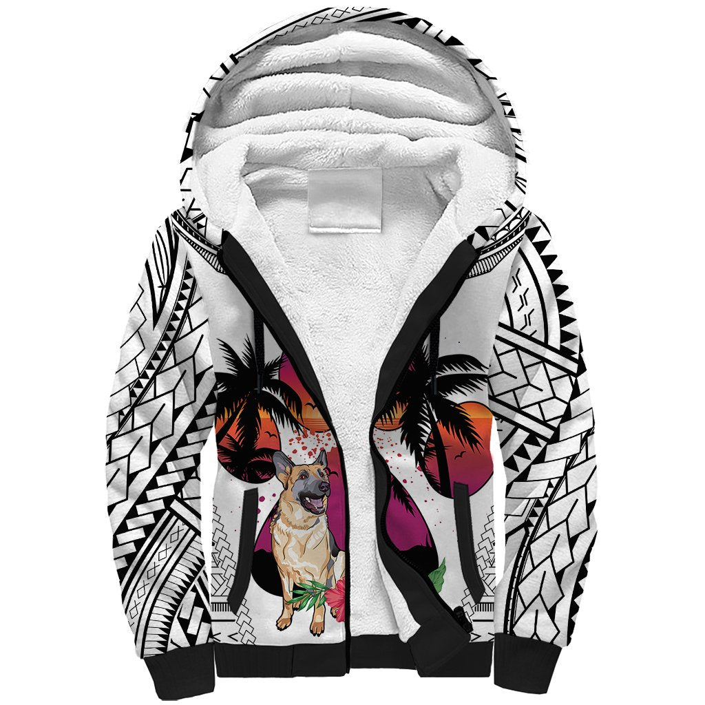 Polynesian Sherpa Hoodie Dog Lover With German Shepherd - Sunset At The Beach White Ver - Wonder Print Shop