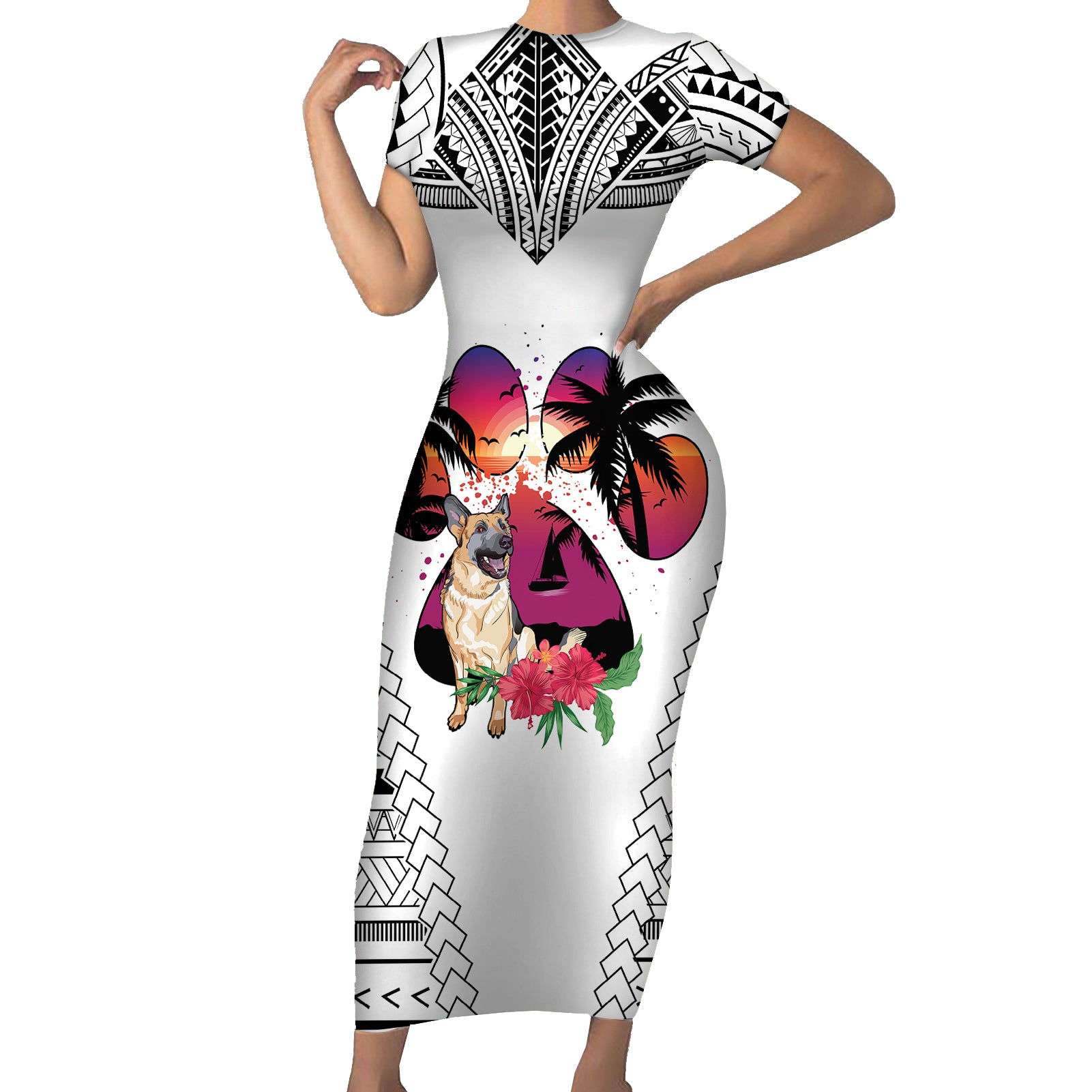 Polynesian Short Sleeve Bodycon Dress Dog Lover With German Shepherd - Sunset At The Beach White Ver - Wonder Print Shop