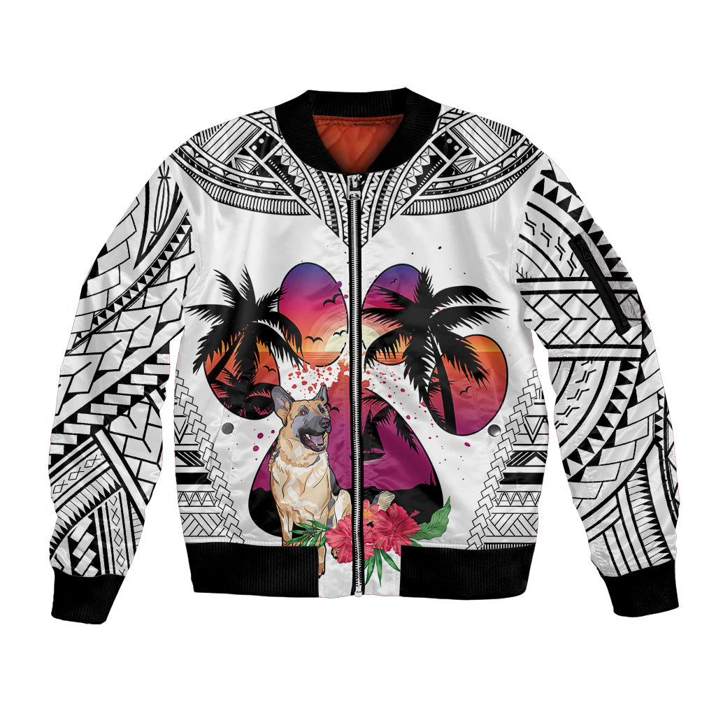 Polynesian Sleeve Zip Bomber Jacket Dog Lover With German Shepherd - Sunset At The Beach White Ver - Wonder Print Shop