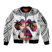 Polynesian Sleeve Zip Bomber Jacket Dog Lover With German Shepherd - Sunset At The Beach White Ver - Wonder Print Shop
