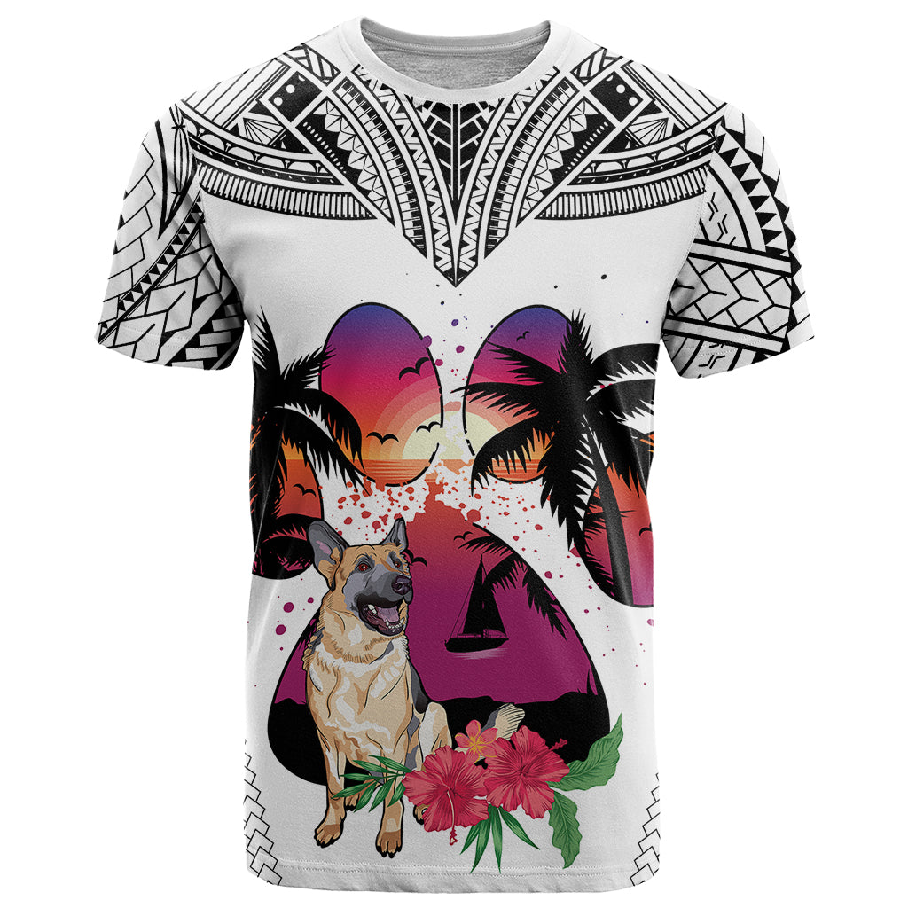 Polynesian T Shirt Dog Lover With German Shepherd - Sunset At The Beach White Ver - Wonder Print Shop