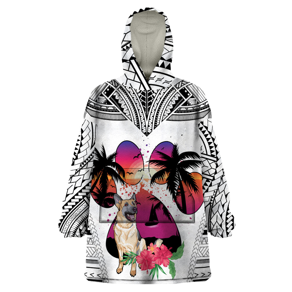 Polynesian Wearable Blanket Hoodie Dog Lover With German Shepherd - Sunset At The Beach White Ver - Wonder Print Shop