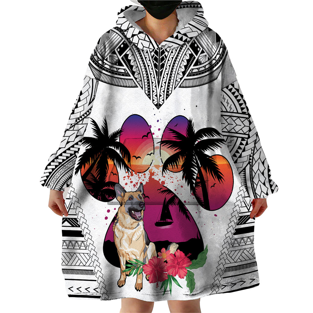 Polynesian Wearable Blanket Hoodie Dog Lover With German Shepherd - Sunset At The Beach White Ver - Wonder Print Shop
