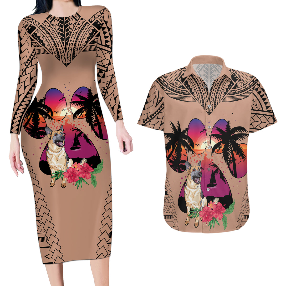 Polynesian Couples Matching Long Sleeve Bodycon Dress and Hawaiian Shirt Dog Lover With German Shepherd - Sunset At The Beach Brown Ver LT7 - Wonder Print Shop