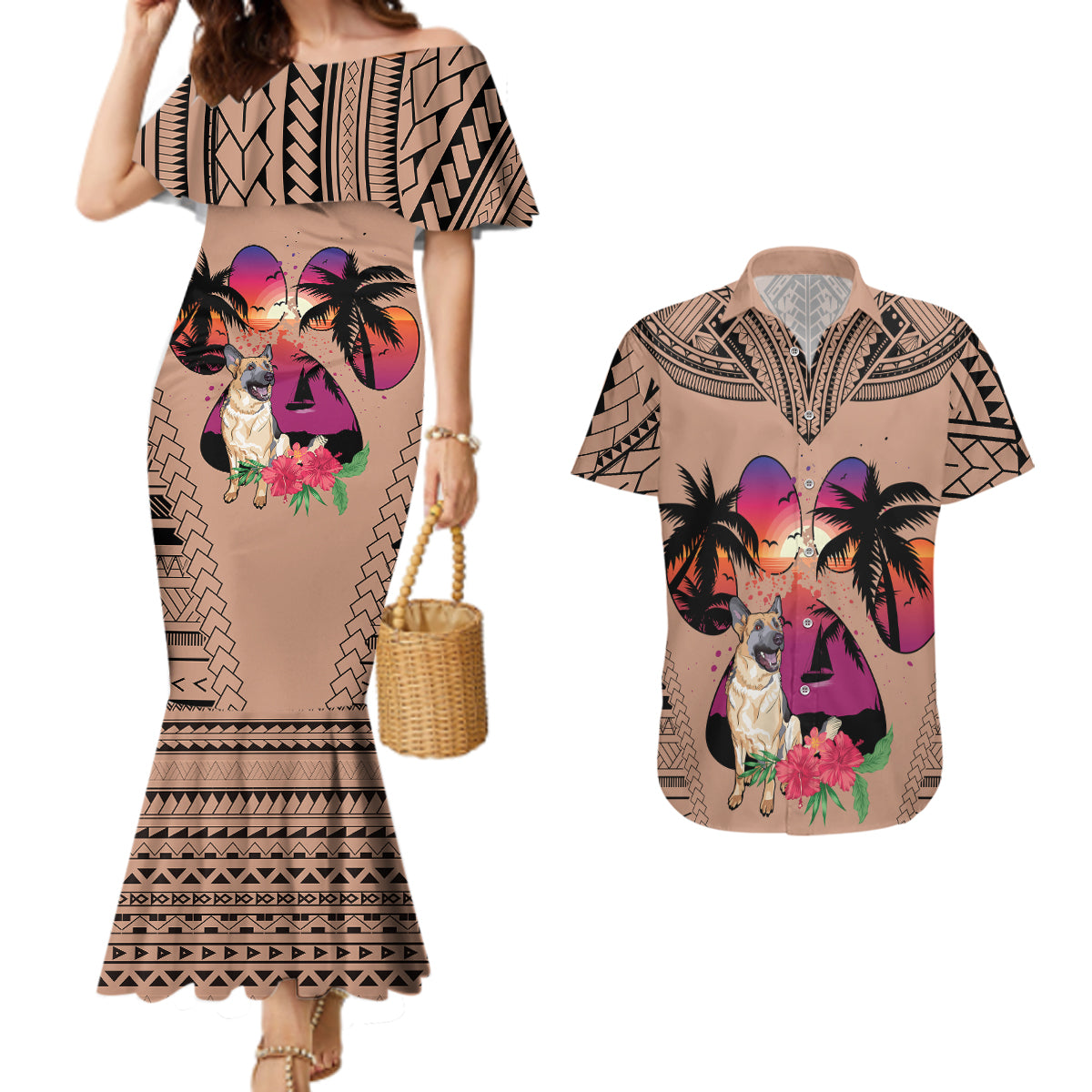 Polynesian Couples Matching Mermaid Dress and Hawaiian Shirt Dog Lover With German Shepherd - Sunset At The Beach Brown Ver LT7 - Wonder Print Shop