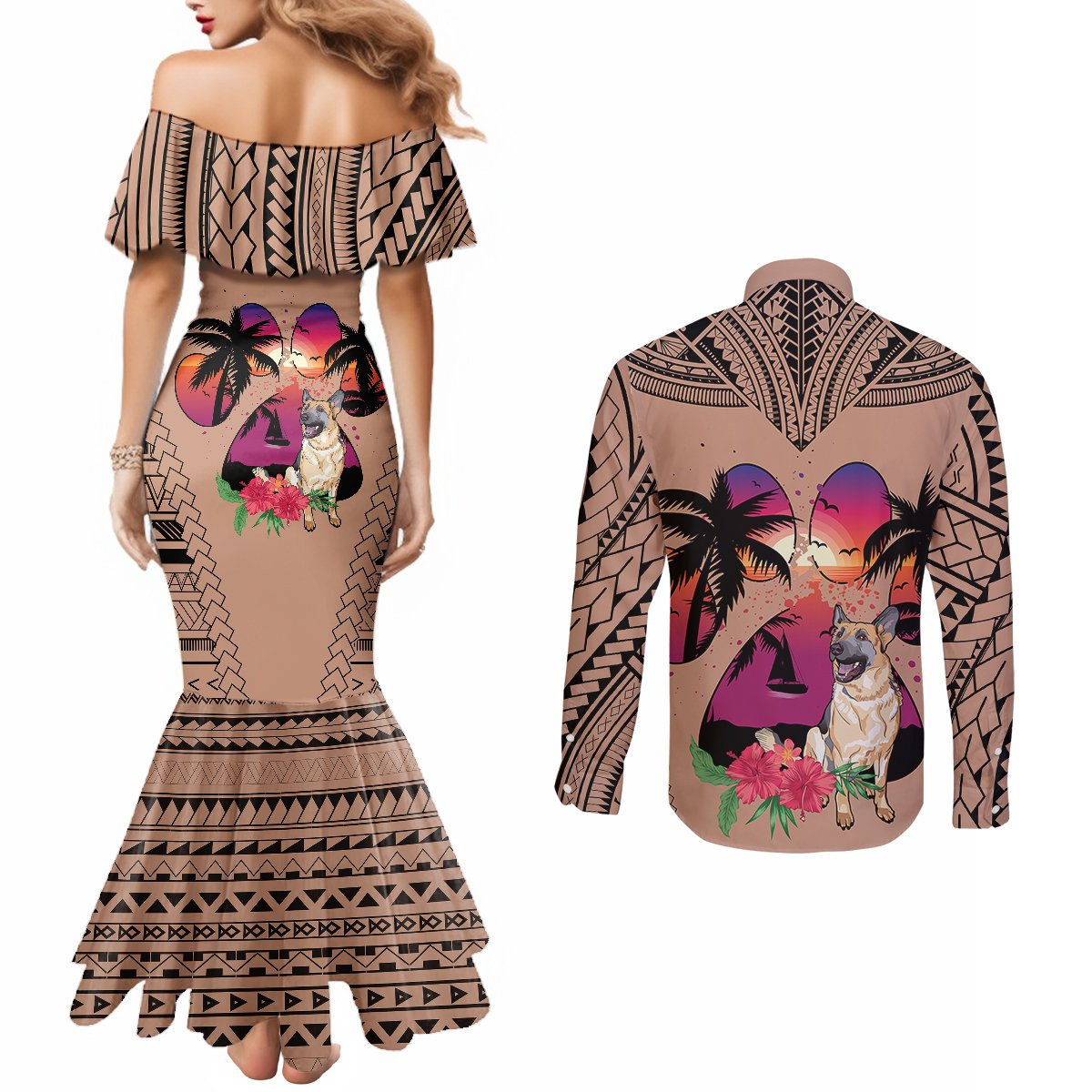 polynesian-couples-matching-mermaid-dress-and-long-sleeve-button-shirts-dog-lover-with-german-shepherd-sunset-at-the-beach-brown-ver