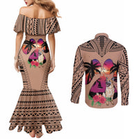 polynesian-couples-matching-mermaid-dress-and-long-sleeve-button-shirts-dog-lover-with-german-shepherd-sunset-at-the-beach-brown-ver
